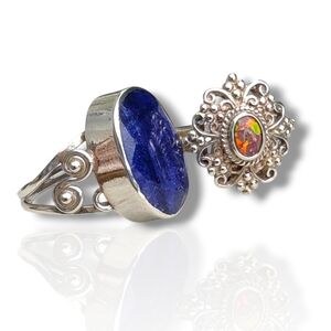 Sterling Silver Blue Sapphire and Aurora Opal Stone Rings (2).